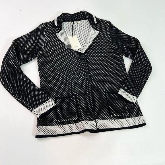 Cocogio Sweater Womens Large Black White Wool Blend Knit Crochet Cardigan new - Picture 1 of 10